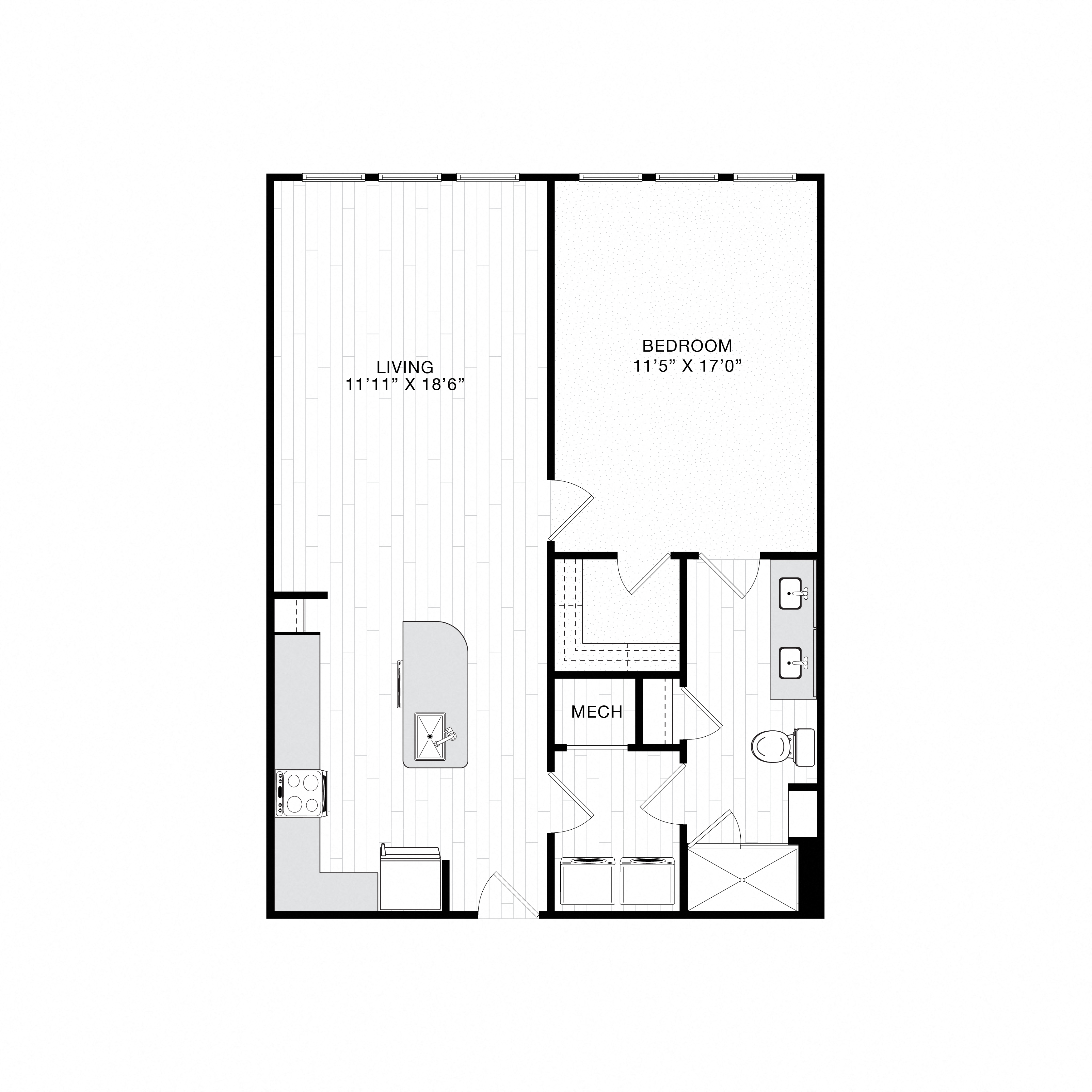 Floor plan for 1 bed, 1 bath, 850 sqft